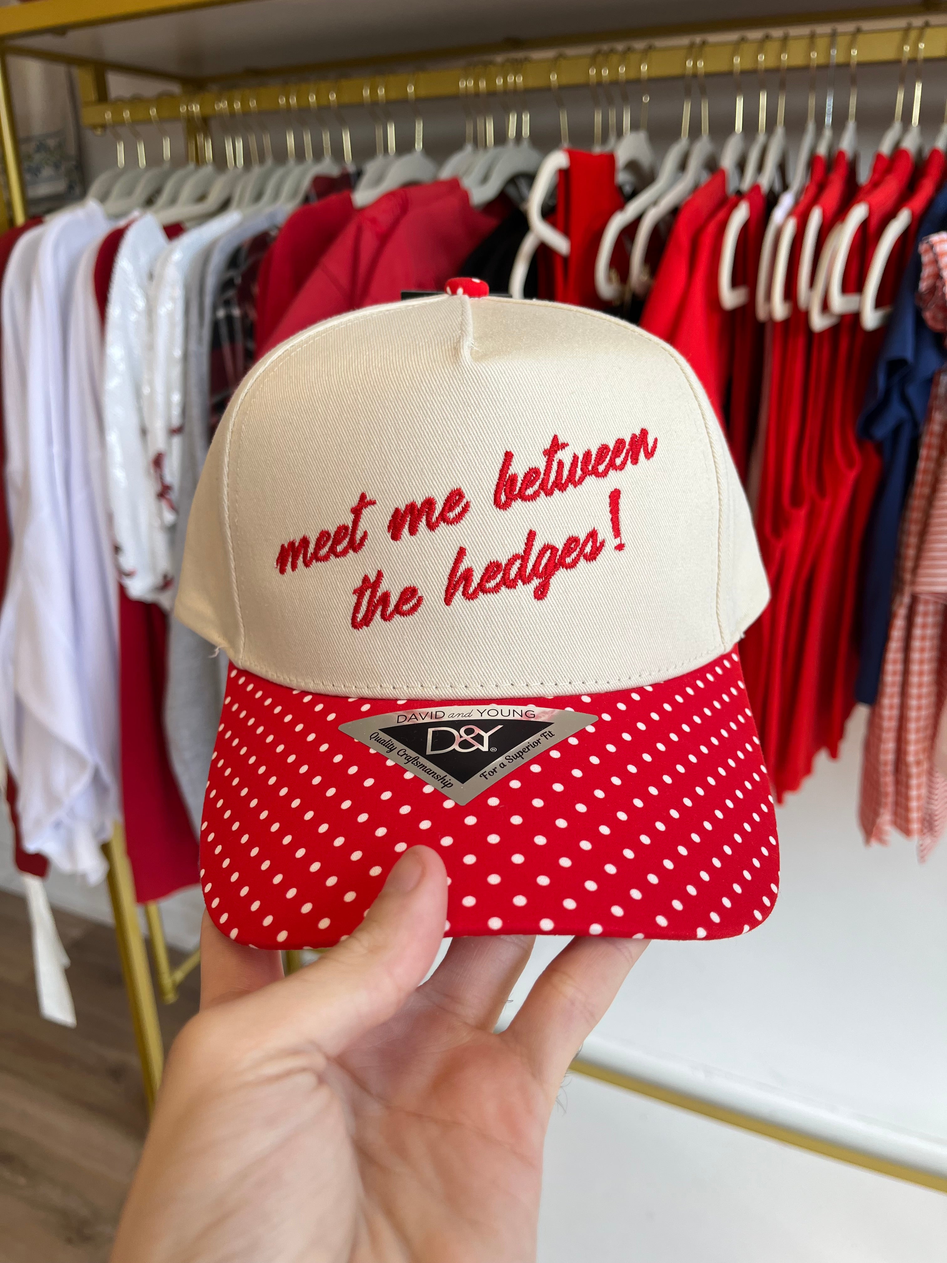 meet me between the hedges - red polka dot embroidered hat