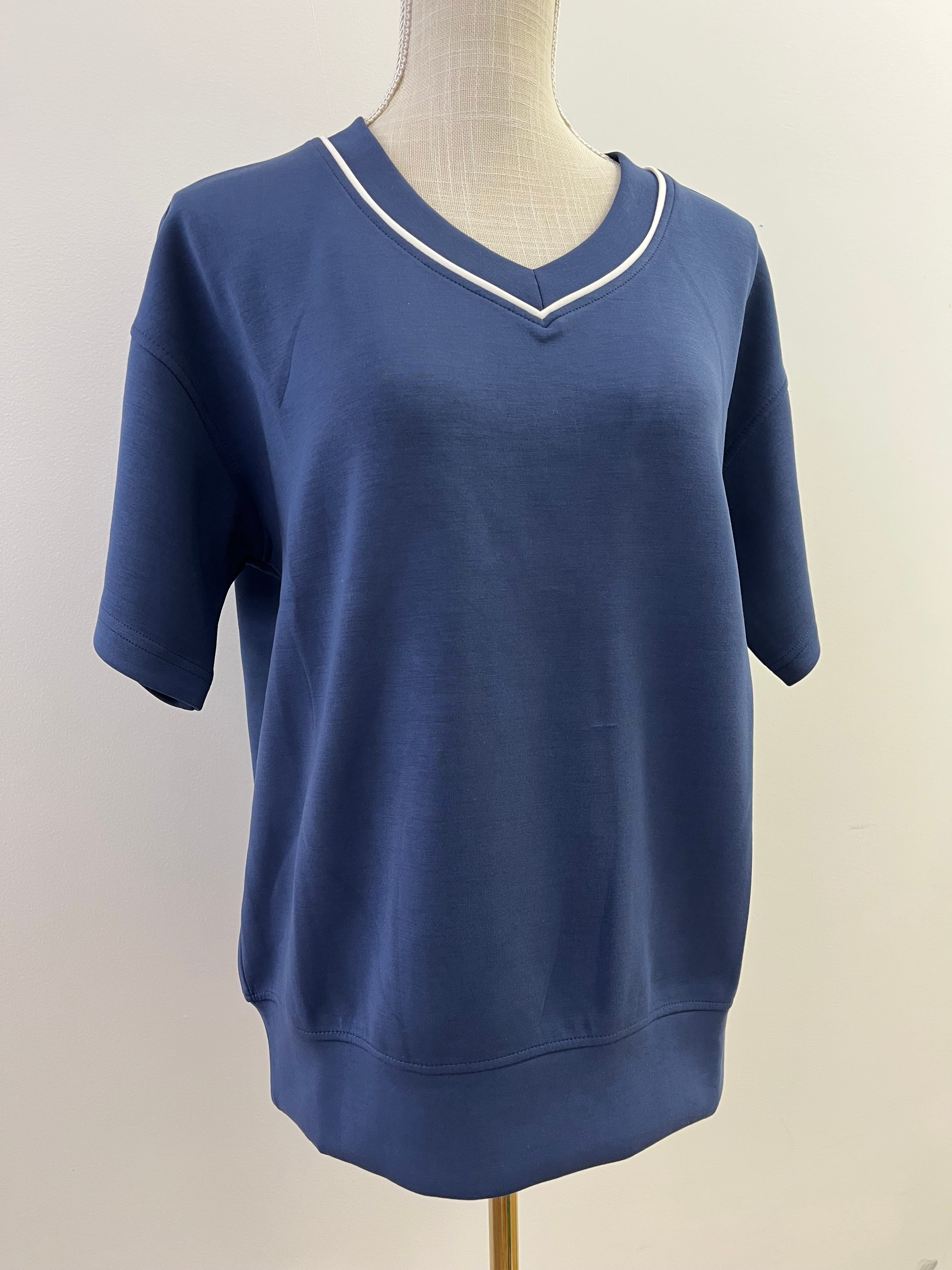 Modal Poly Flat Piping V- Neck Top- Navy/ Cream