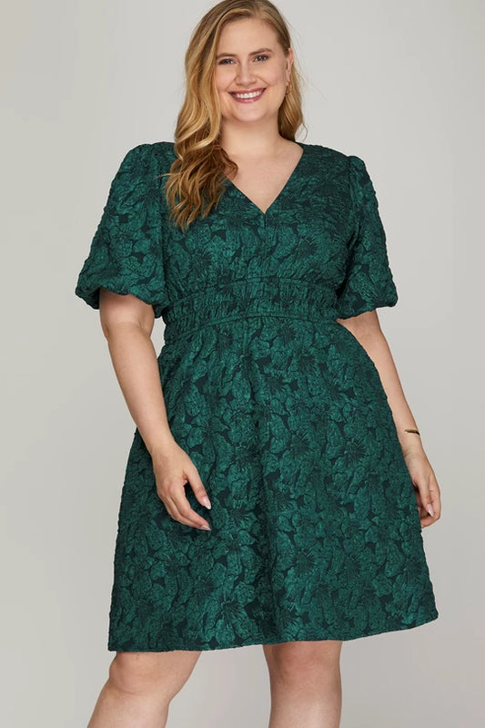 BALLOON SLEEVE PLUNGING NECK FLORAL PATTERN JACQUARD GREEN DRESS