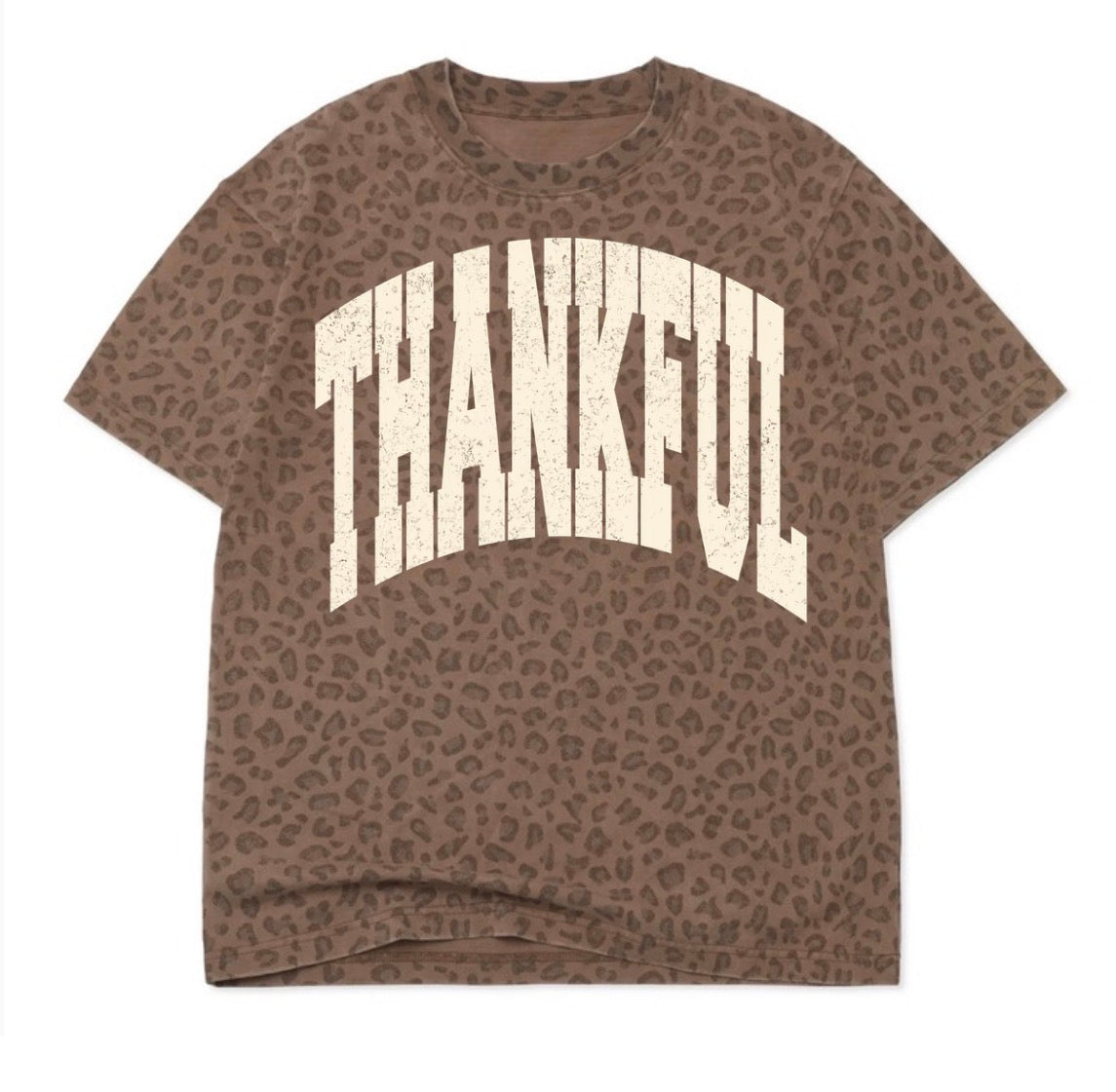 Thankful big varsity letters on leopard tee