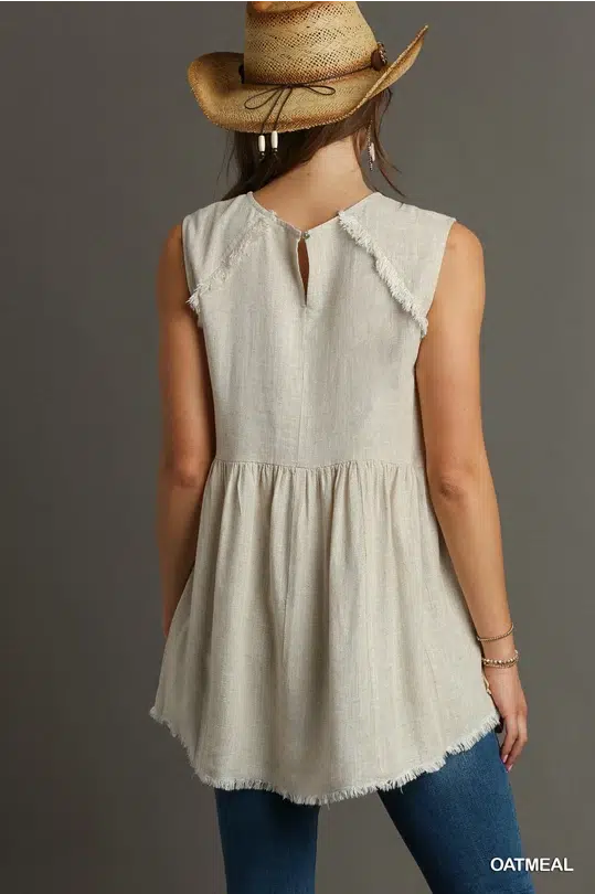 Linen Round Neck Sleeveless Patched & Frayed Tunic Top