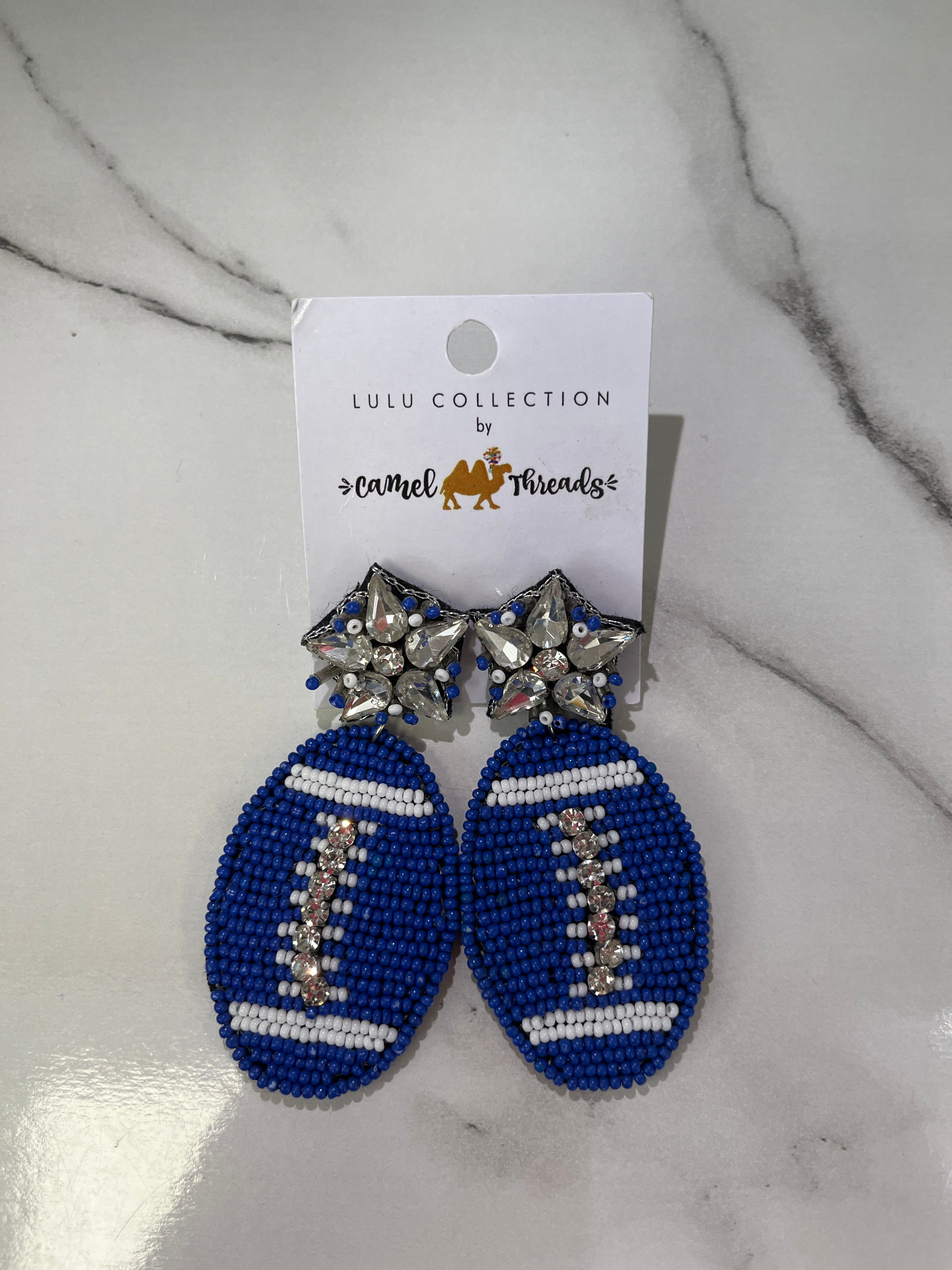 Blue Football Beaded Diamond Dangle Earrings