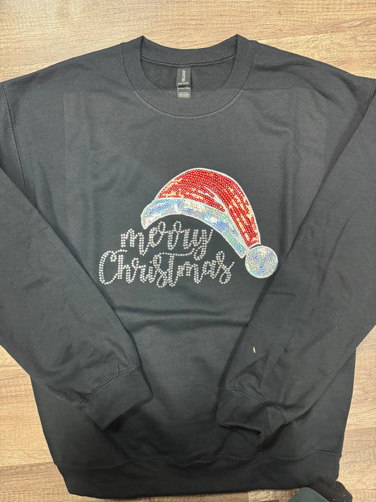 Merry Christmas Santa Hat Rhinestone Sweatshirt