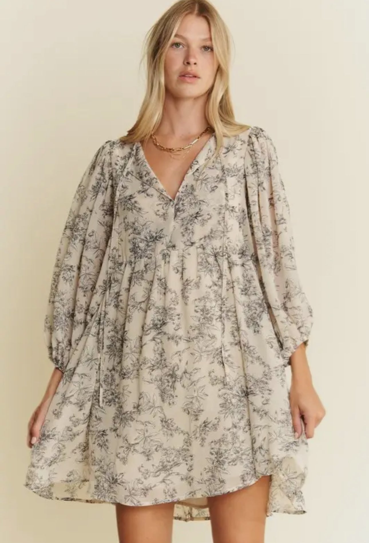 Lined 3/4 Sleeve Floral Chiffon Babydoll Short Dress