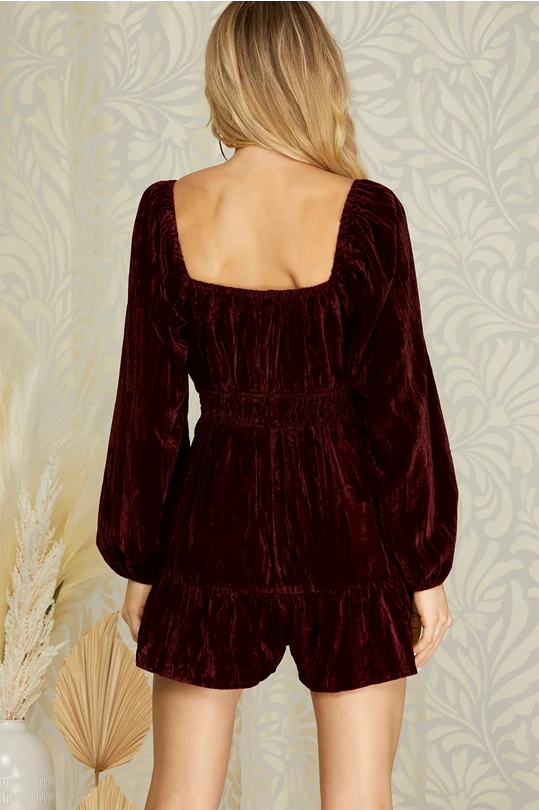 LONG SLEEVE CRINKLE VELVET ROMPER WITH ELASTIC WAIST