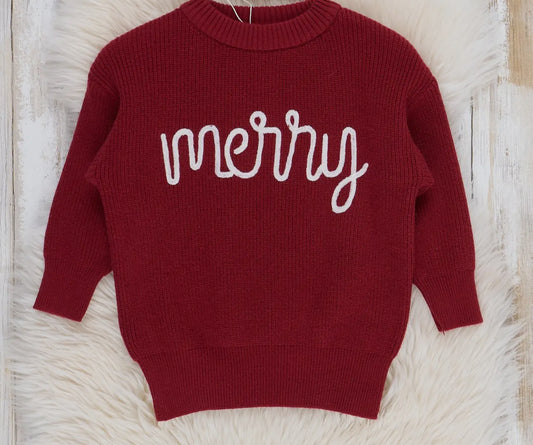 Youth Red Merry Christmas Hand Embroidered Sweater