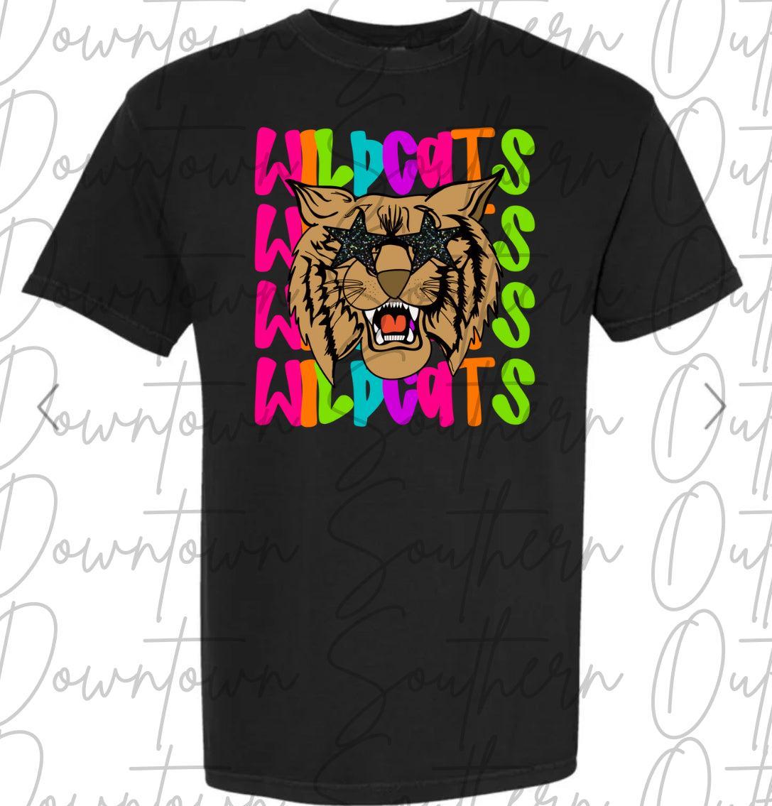 Wildcats Multi Color Neon Stacked Black Tee