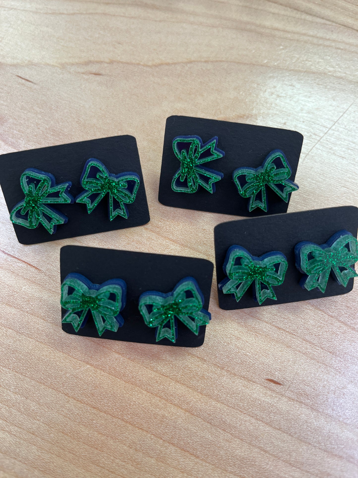 Blue and Green Glitter Bow Studs