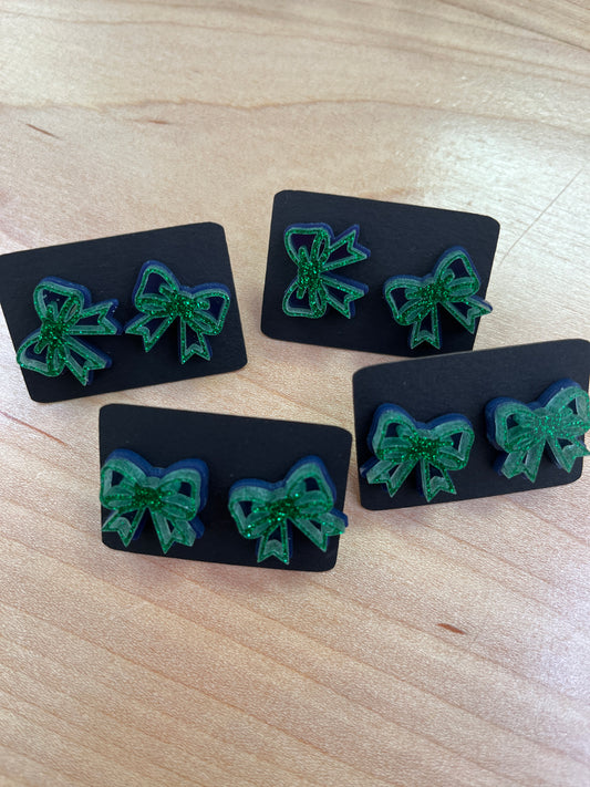 Blue and Green Glitter Bow Studs