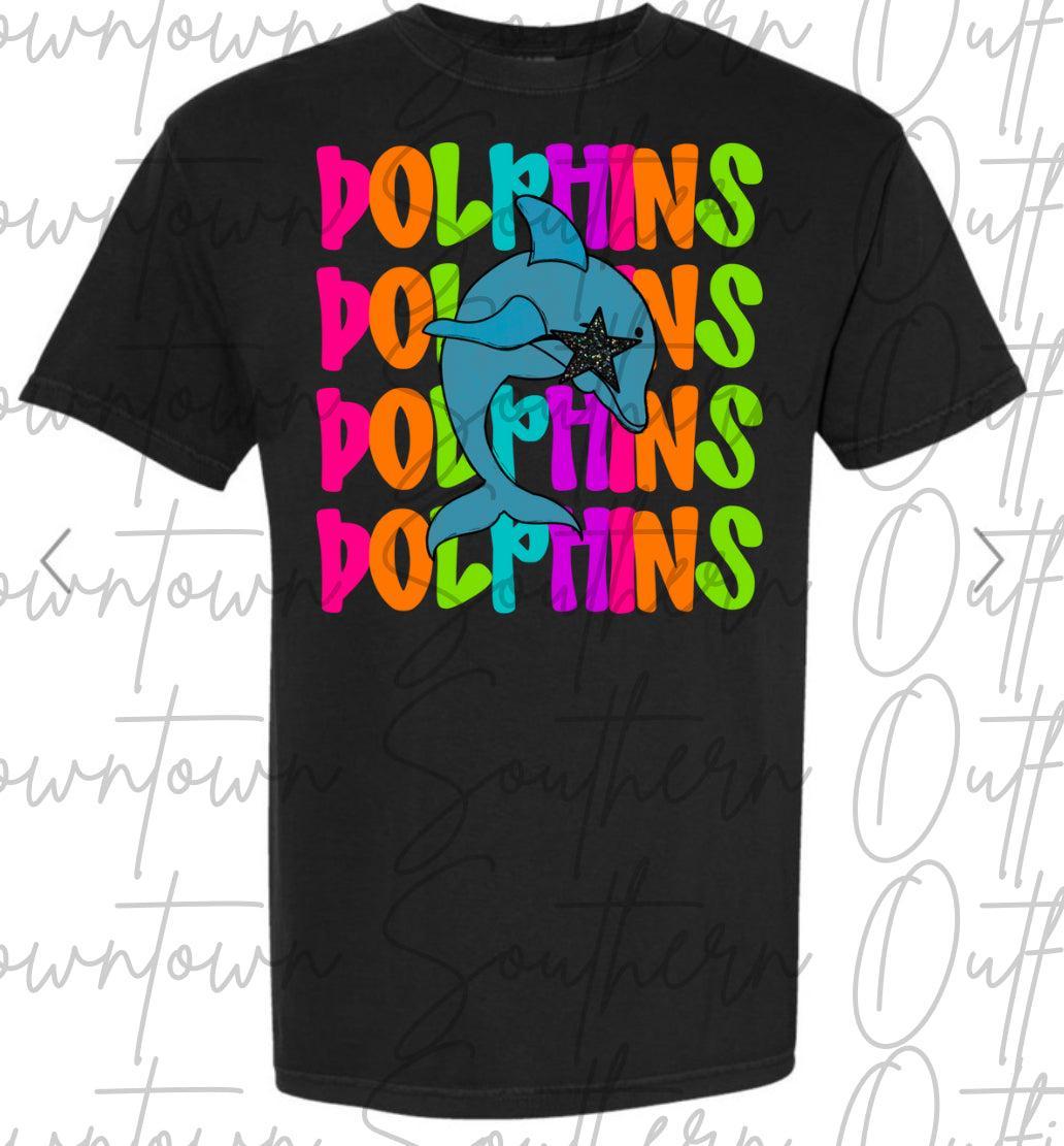 Dolphin 1 Multi Color Neon Stacked Black Tee