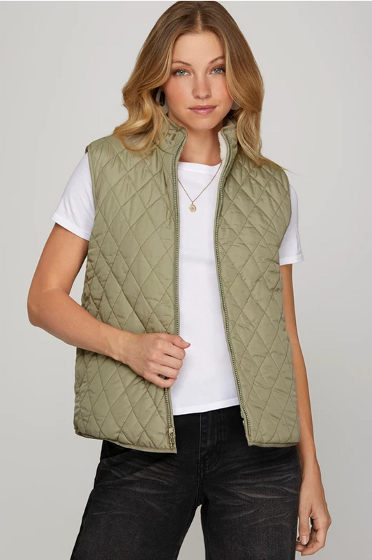 OLIVE/CREAM REVERSIBLE FLEECE AND QUILTED VEST