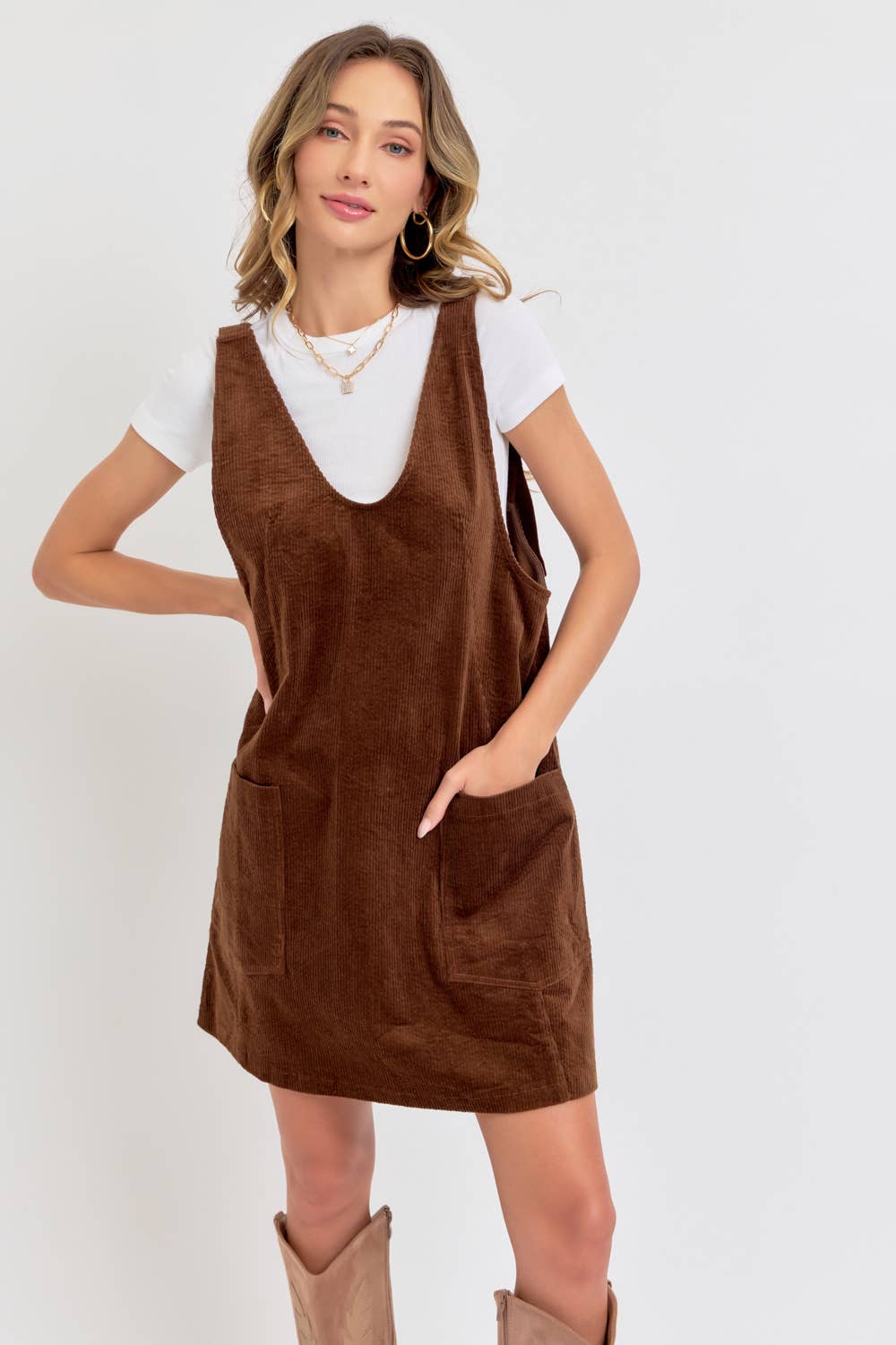 CASUAL OVERALL CORDUROY DRESS CAMEL
