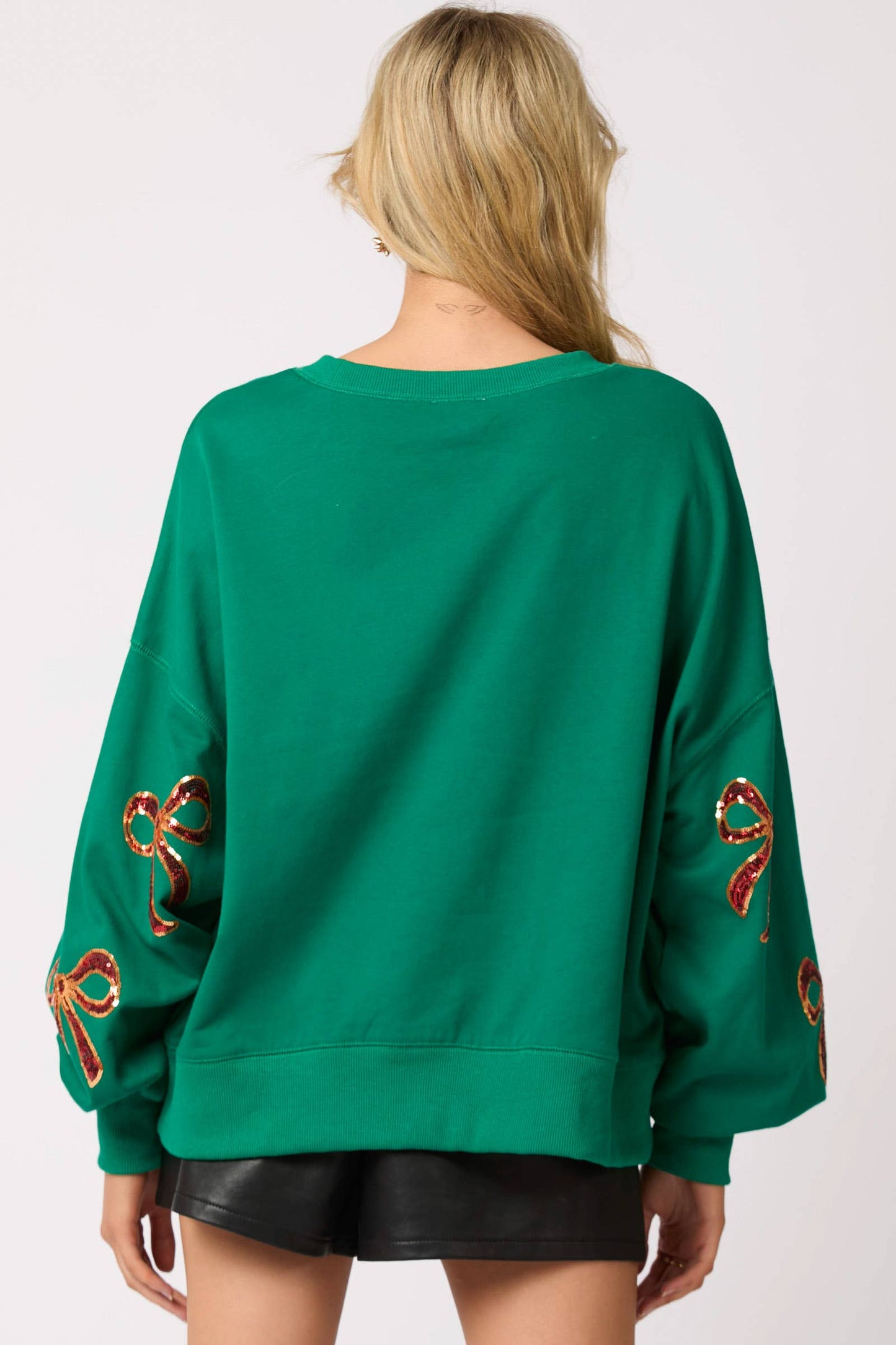 Christmas Bow Embroidery Oversized Green Sweatshirts