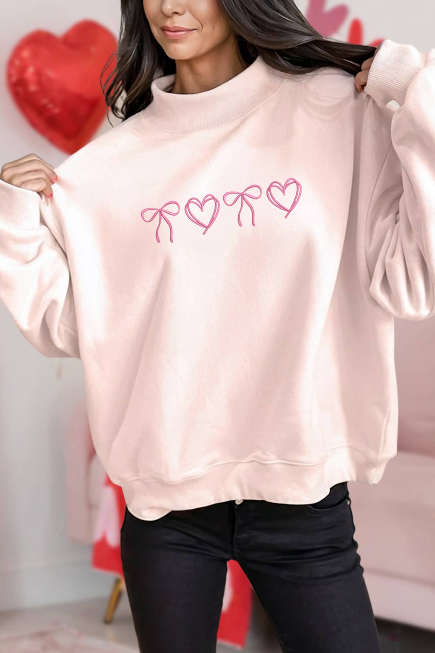 Heart Bow Embroidered Mock Neck Sweatshirt Light Pink