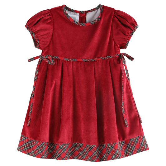 Youth Red Velour and Christmas Plaid Bow Dress