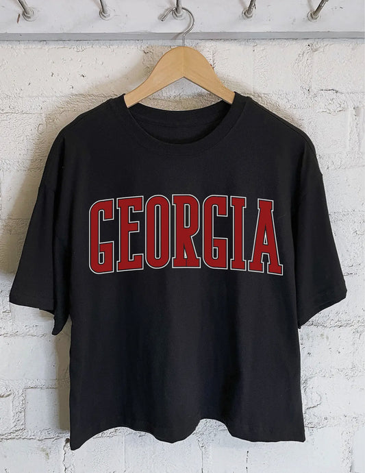 Georgia Puff Varsity Long Black Crop Tee