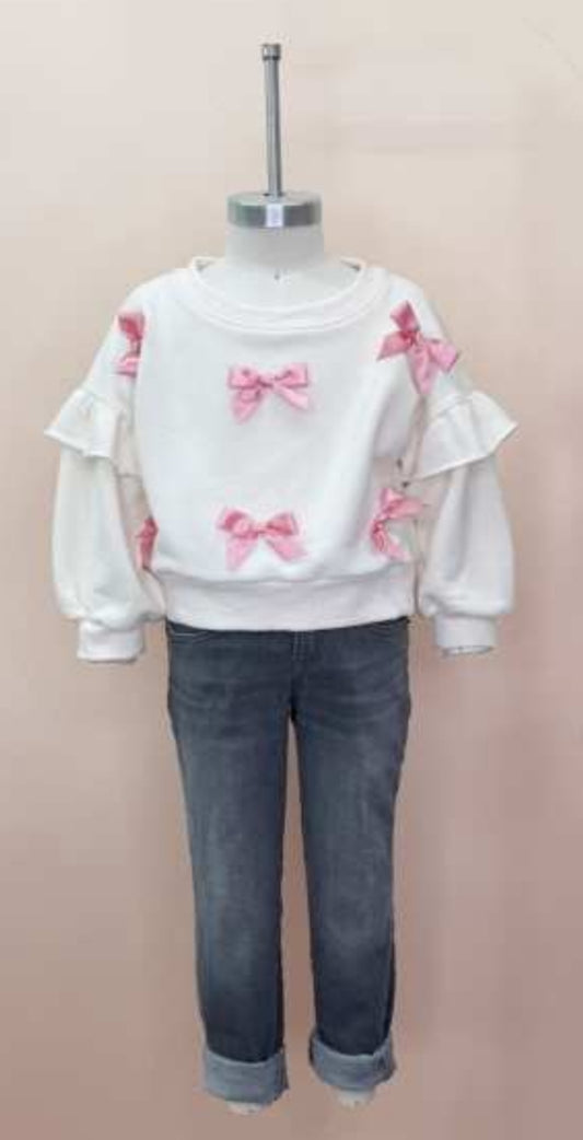 Bows Embellished Sweatshirt, Long Sleeve with Ruffle Detail, Crewneck YOUTH