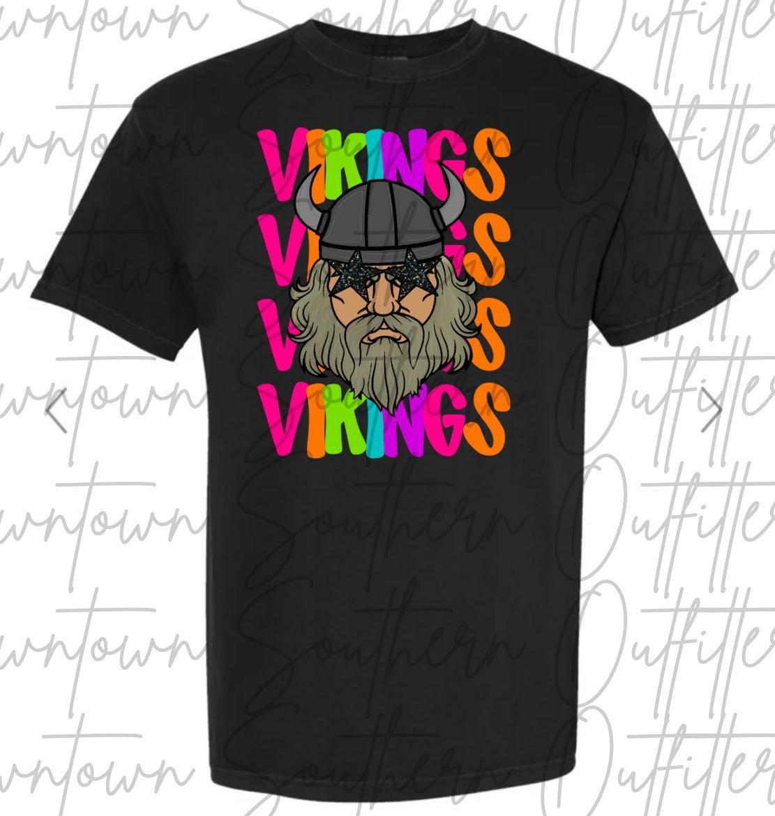 Vikings Multi Color Neon Stacked Black Tee