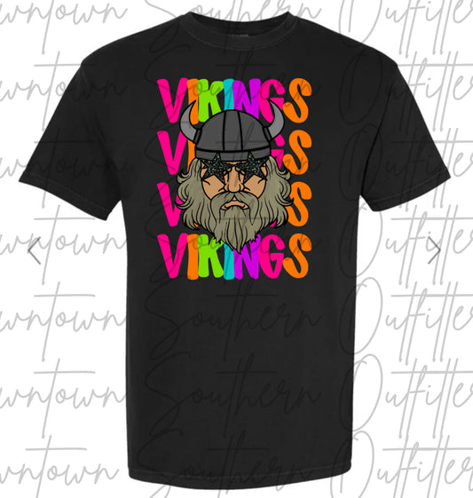 Vikings Multi Color Neon Stacked Black Tee