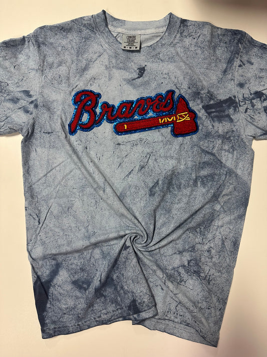 Braves with Tomahawk Glitter Chenille Patch Embroidered Colorblast Tee