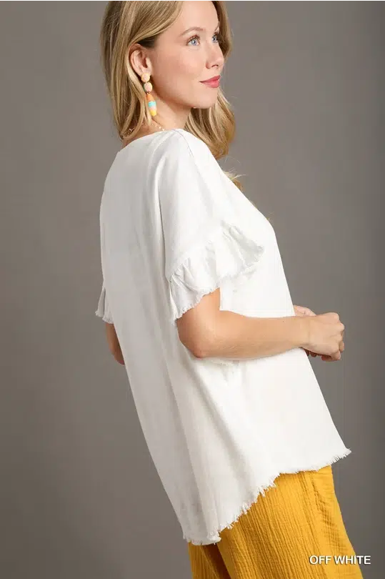 Linen Blend Short Ruffle Sleeve Round Neck Top with Frayed Scoop Hem