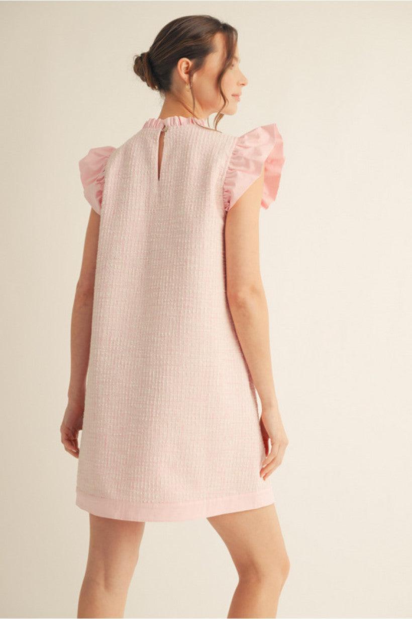 Pink Tweed shift dress with frilled neck