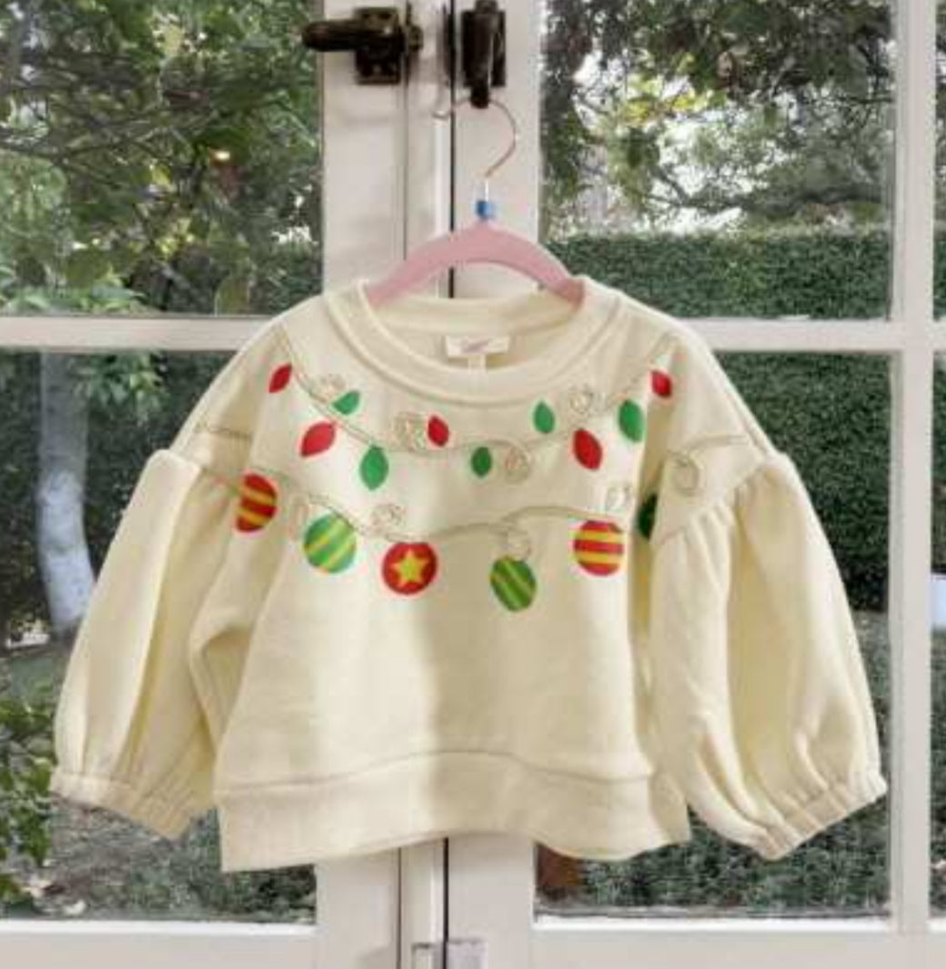 Youth Round Neckline Christmas Lights Embroidered Long Sleeve Puff Sleeve Oversized Sweatshirt