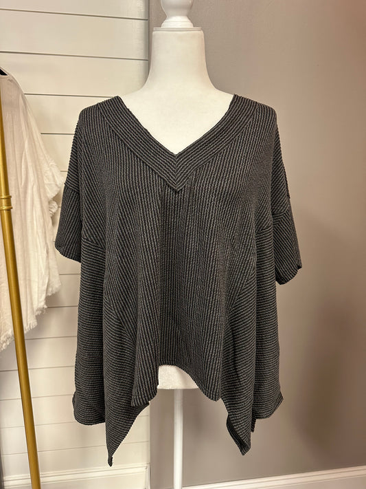 Texture Knit V-Neck Top, Dropped Shoulder Elbow Sleeves, High And Low Hemline