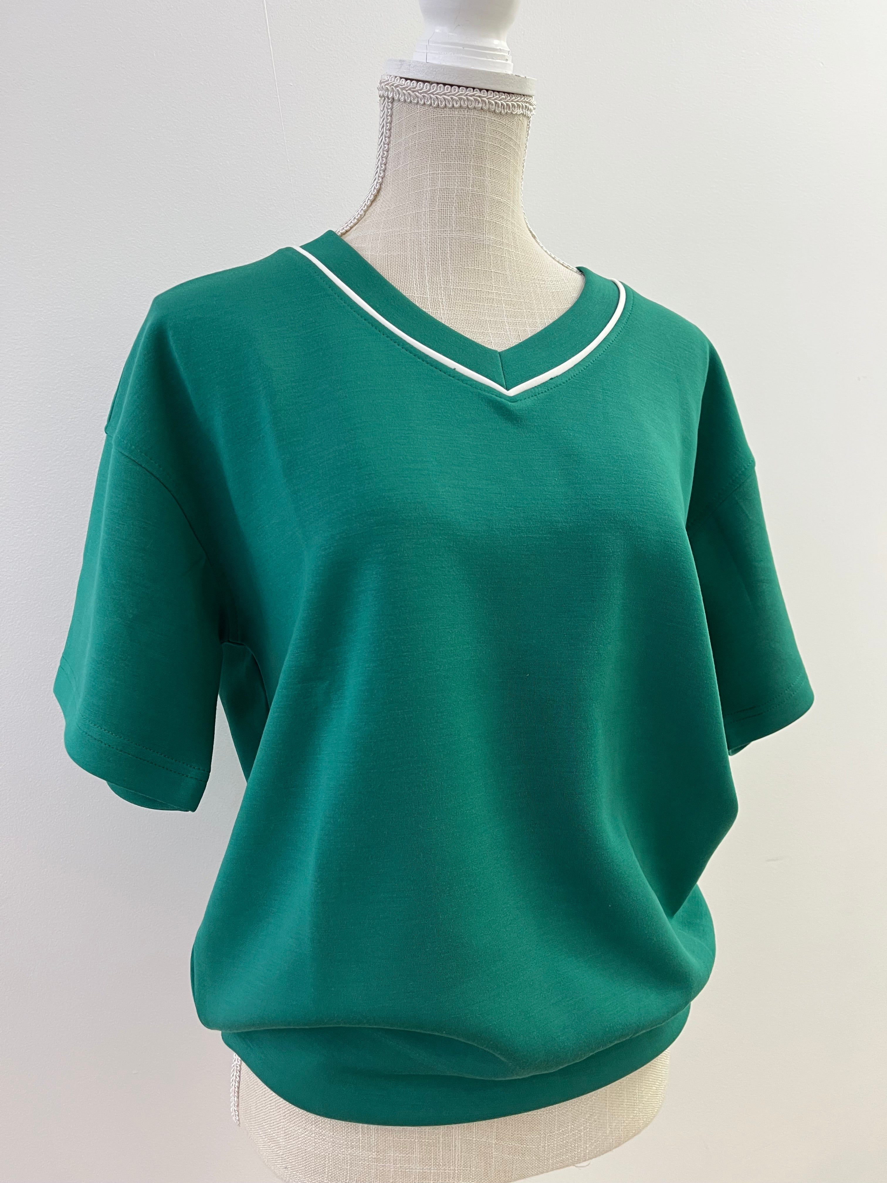 Modal Poly Flat Piping V- Neck Top- Kelly green/ White