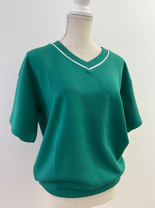 Modal Poly Flat Piping V- Neck Top- Kelly green/ White