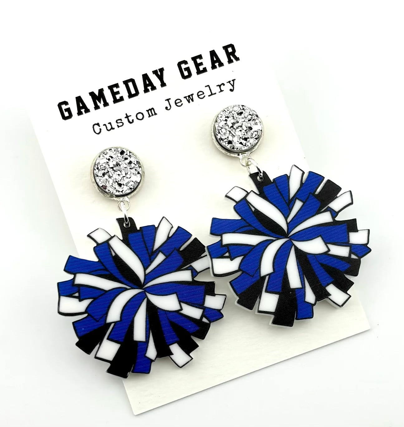 Black & Blue Pom Pom Beaded Earrings