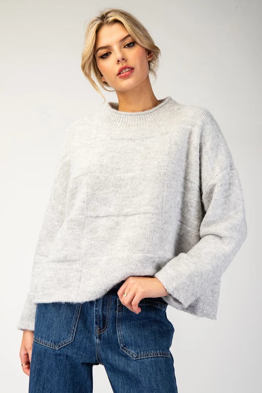 HEATHER GREY CHECKER MOCK NECK SWEATER TOP