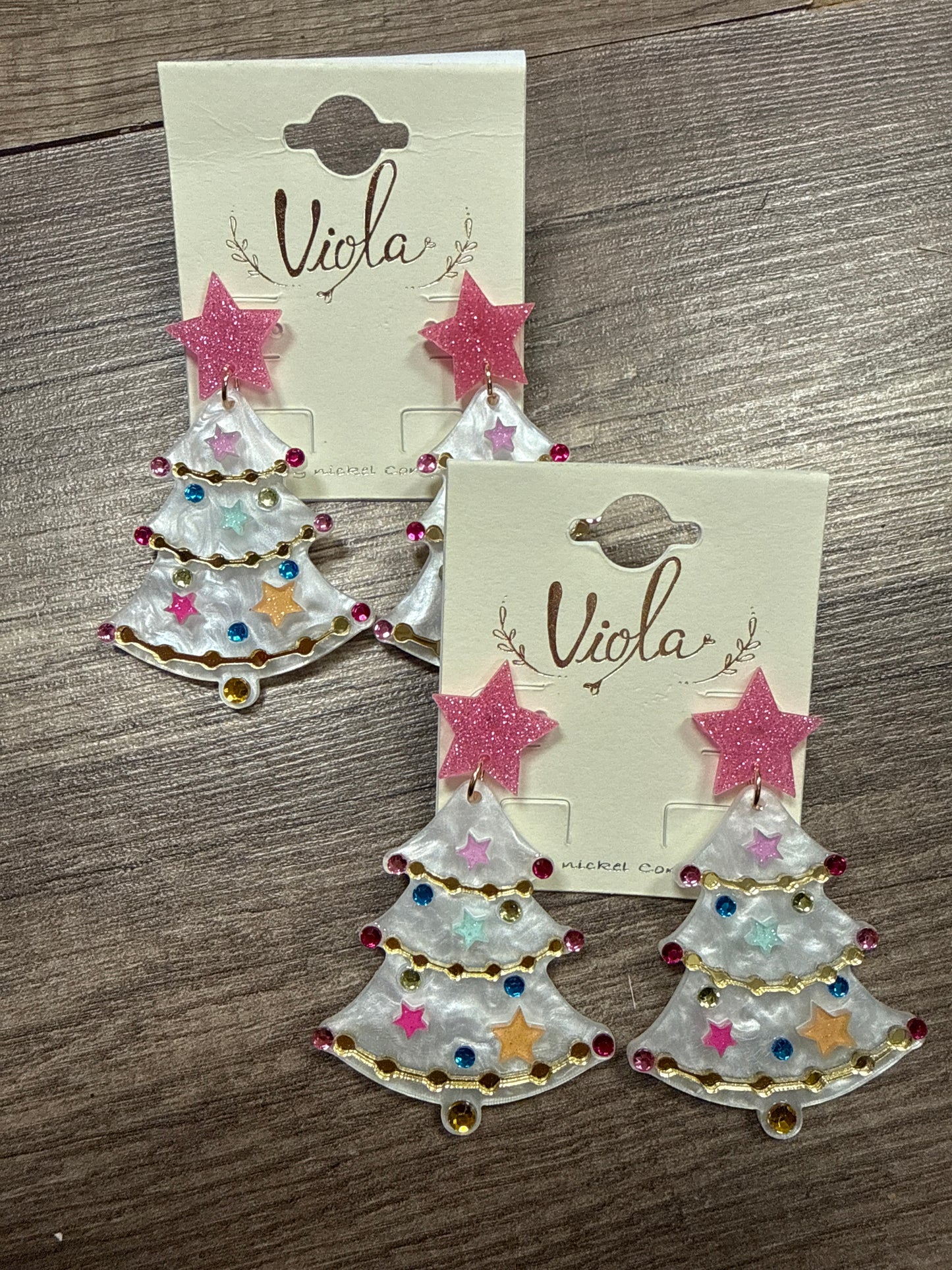 Christmas Tree with Pink Star Dangle Earrings