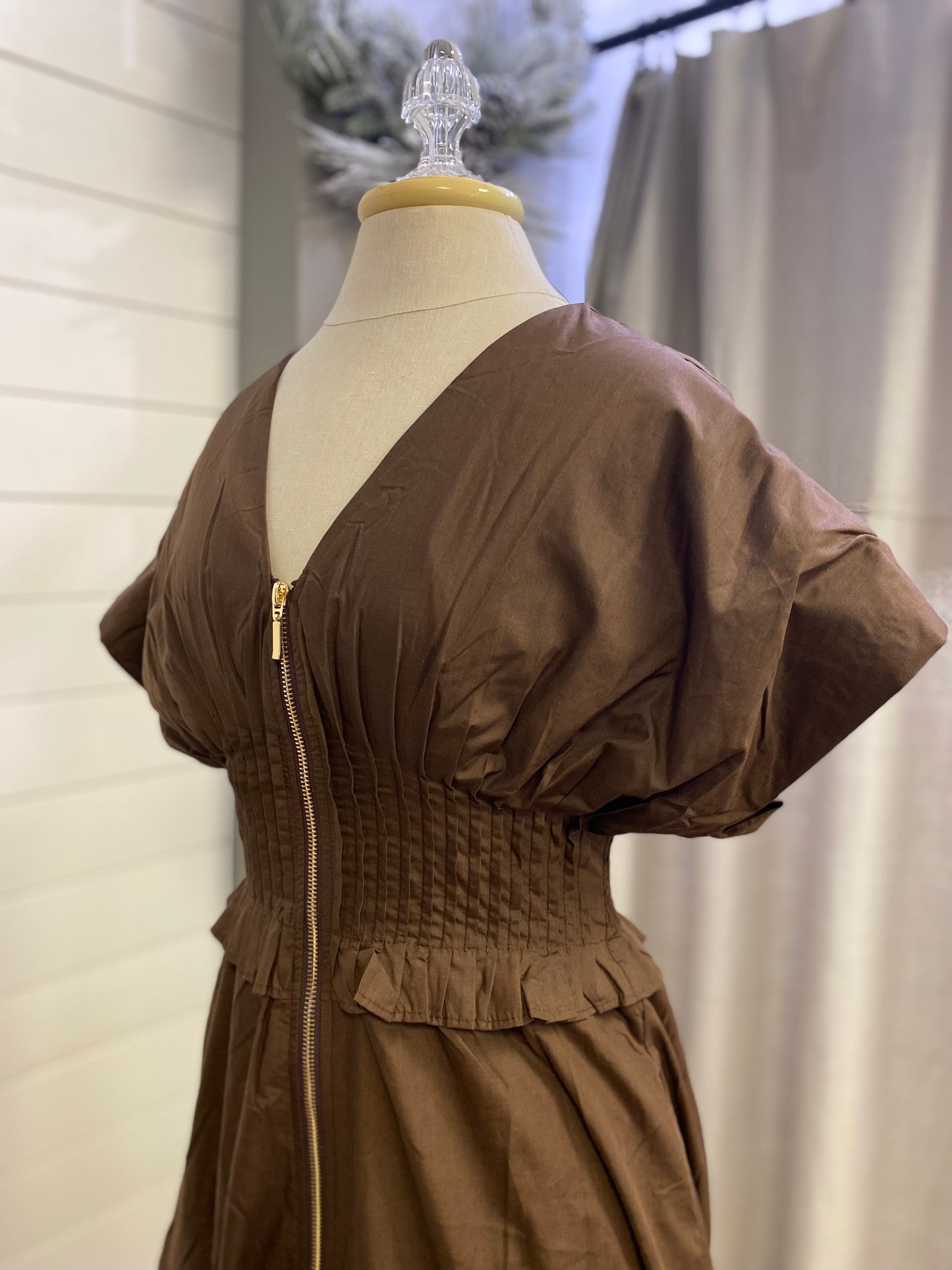 Brown Zip Down Puff Sleeve Midi Dress
