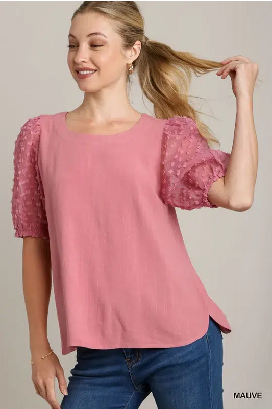 Linen Boxy Cut Round Neckline Top with Short Puff Floral Contrast Sleeve & Side Slit