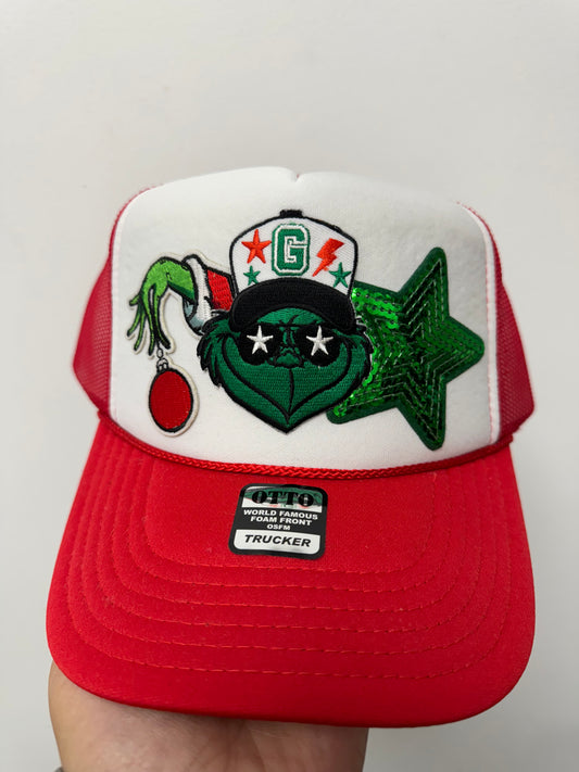 Grinch Face With Star Red Trucker Hat