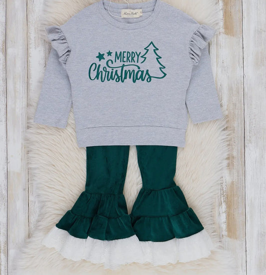 Youth Emerald Merry Christmas Velvet Bell Bottom Outfit