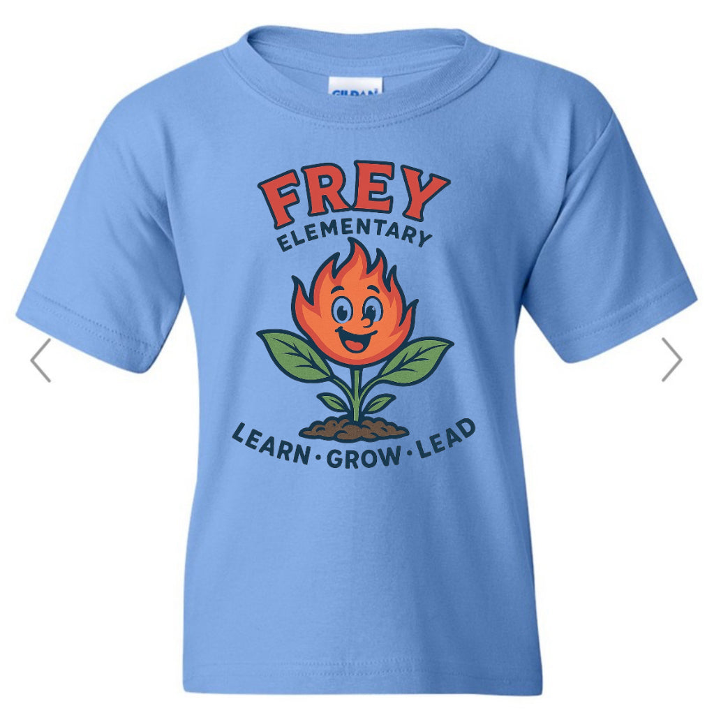 FREY ELEMENTARY- learn grow lead, flame with plant growing, on Carolina blue