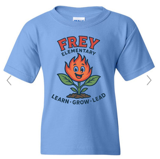FREY ELEMENTARY- learn grow lead, flame with plant growing, on Carolina blue