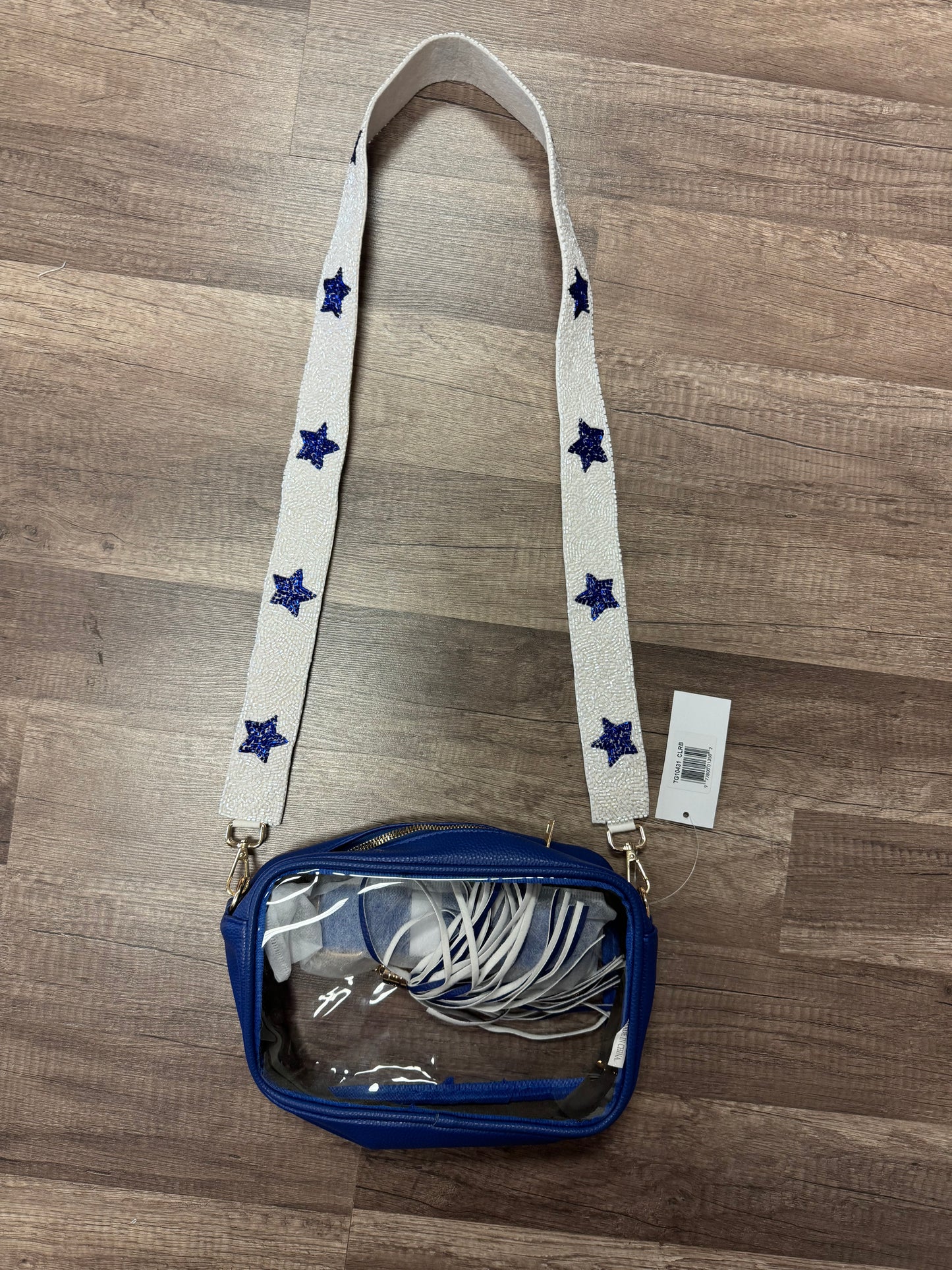 White/Blue Star Beaded Strap Clear Bag