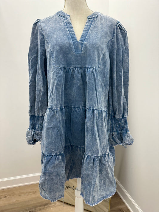 Denim Blue Stone Washed Corduroy V-Neck Tiered Dress with Smocked Sleeves