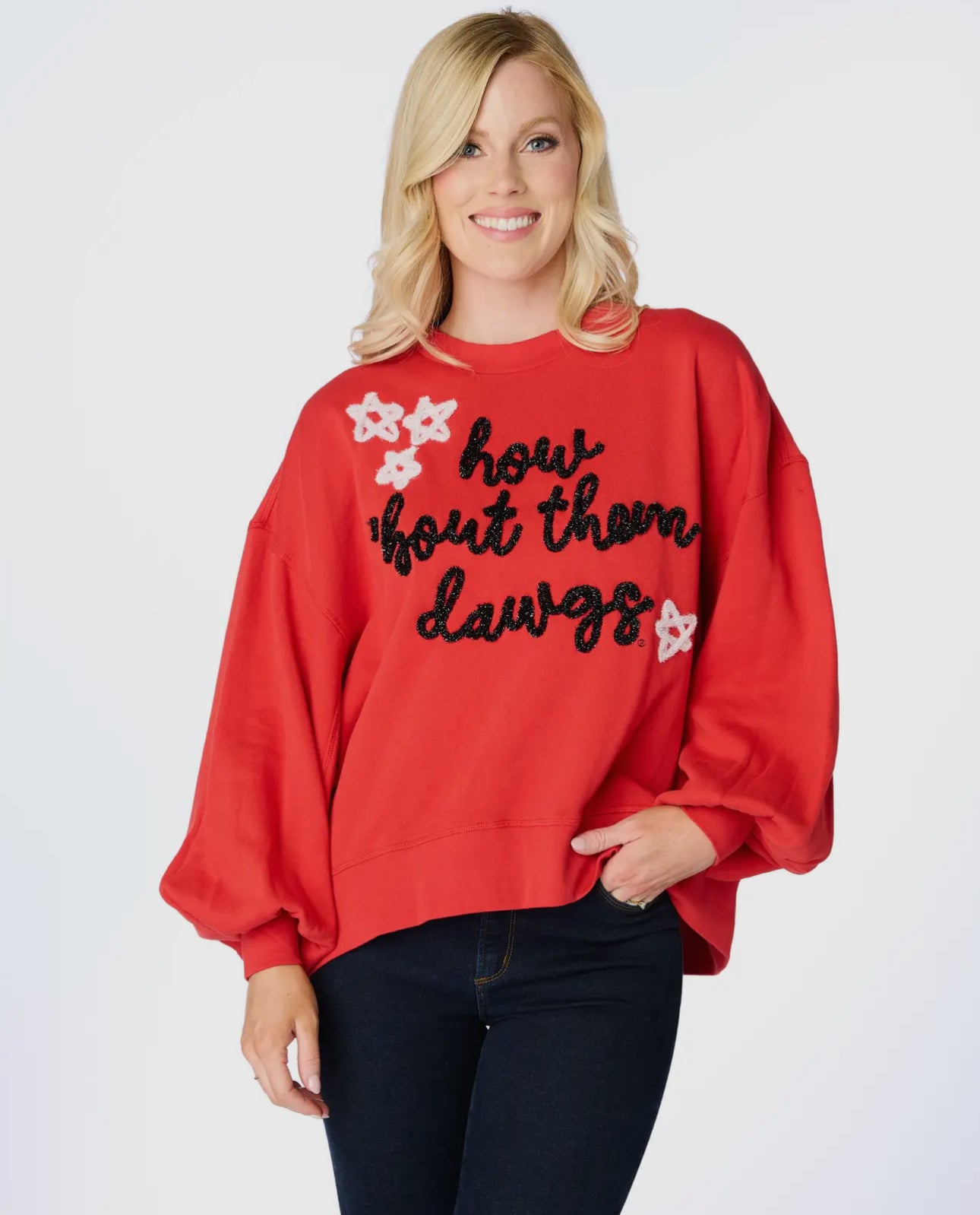 How Bout Them Dawgs Glitter Script Balloon Pullover