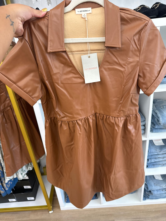 BROWN PLEATHER MINI DRESS