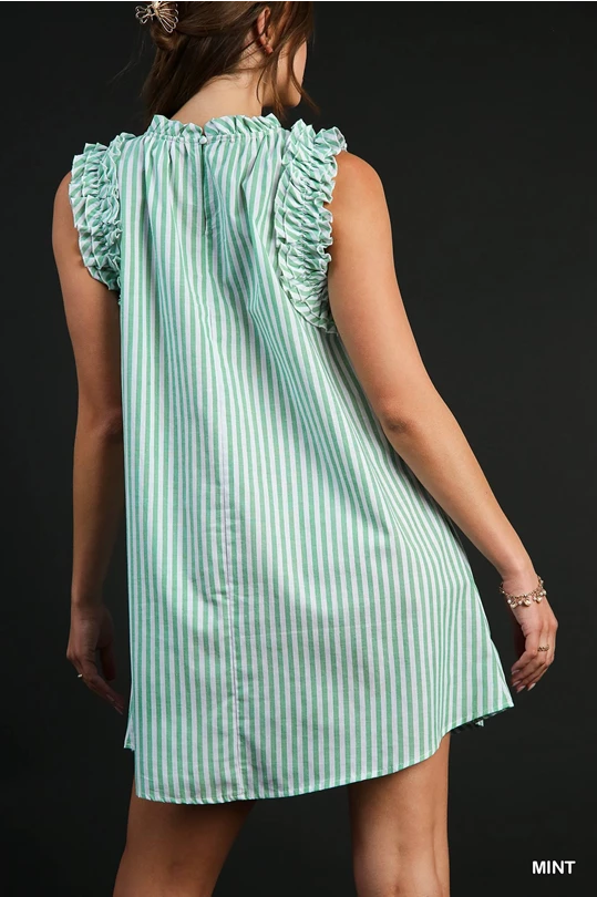 Stripe Sleeveless Dress with Ruffle Neck & Side Sleeves with Back Button Keyhole