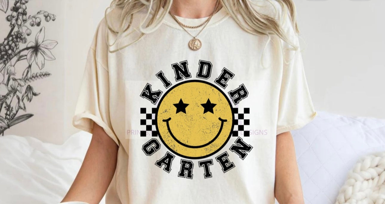 Kindergarten Smiley Checkered Distressed Tee