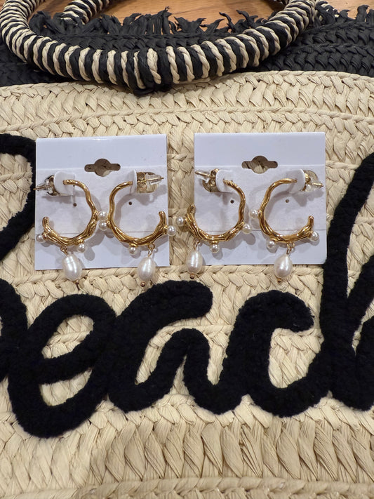 Waterproof Non Tarnish Pearl Dangle Hoops