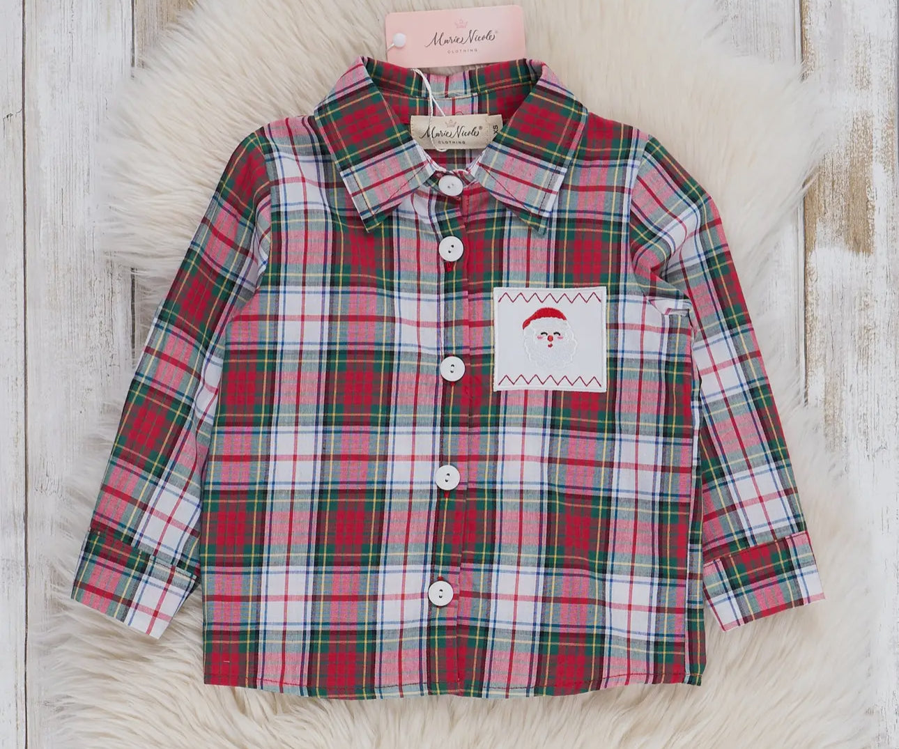 Youth Embroidered Vintage Christmas  Plaid Pocket Shirt