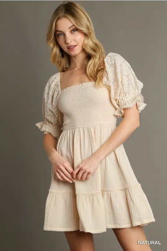 Cotton Gauze Squared Neckline Smocked Short Dress with Puff Lace Sleeves