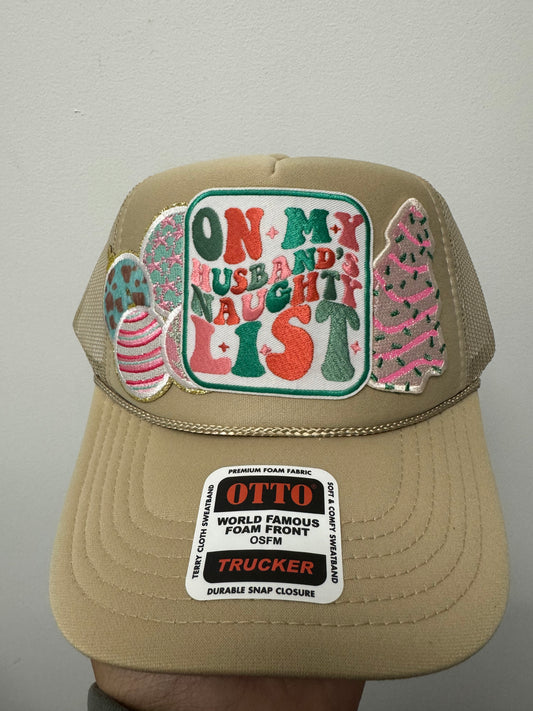 On my husbands naughty list cream trucker hat