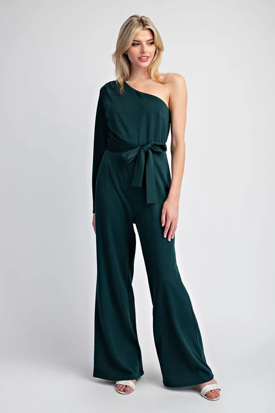 HUNTER GREEN ONE SHOULDER WAIST TIE JUMPSUIT